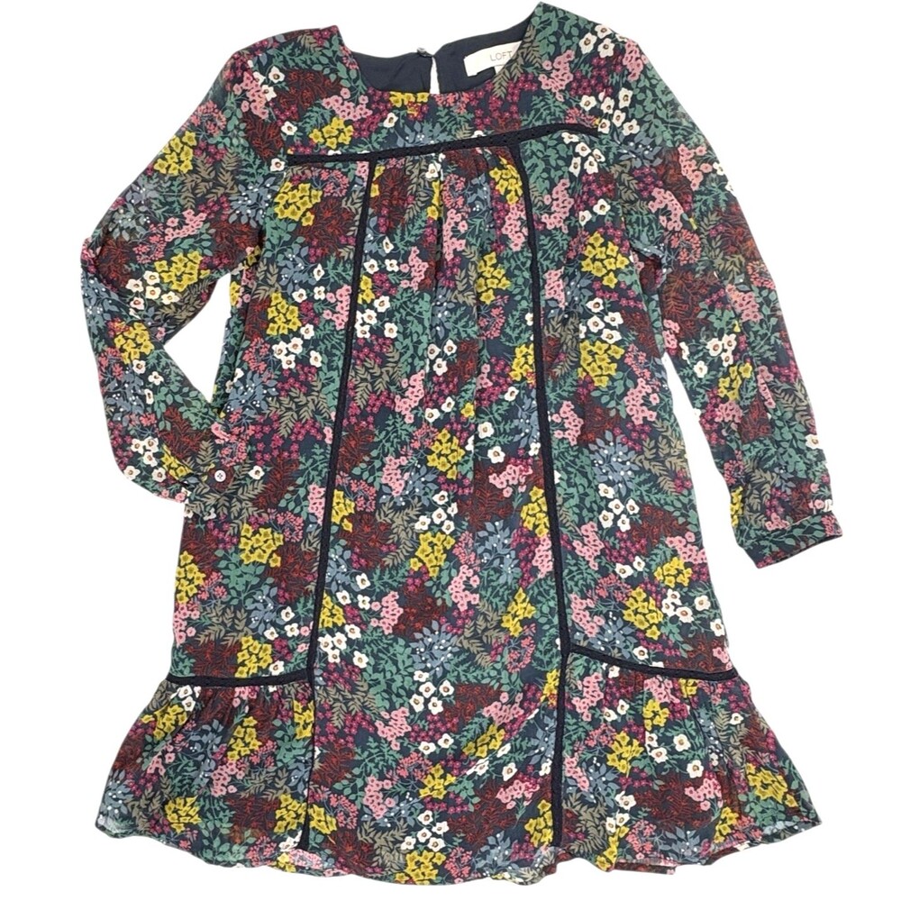 LOFT Petite Dark Floral Cottagecore Dress Crochet Trim Ruffle Hem XXSP